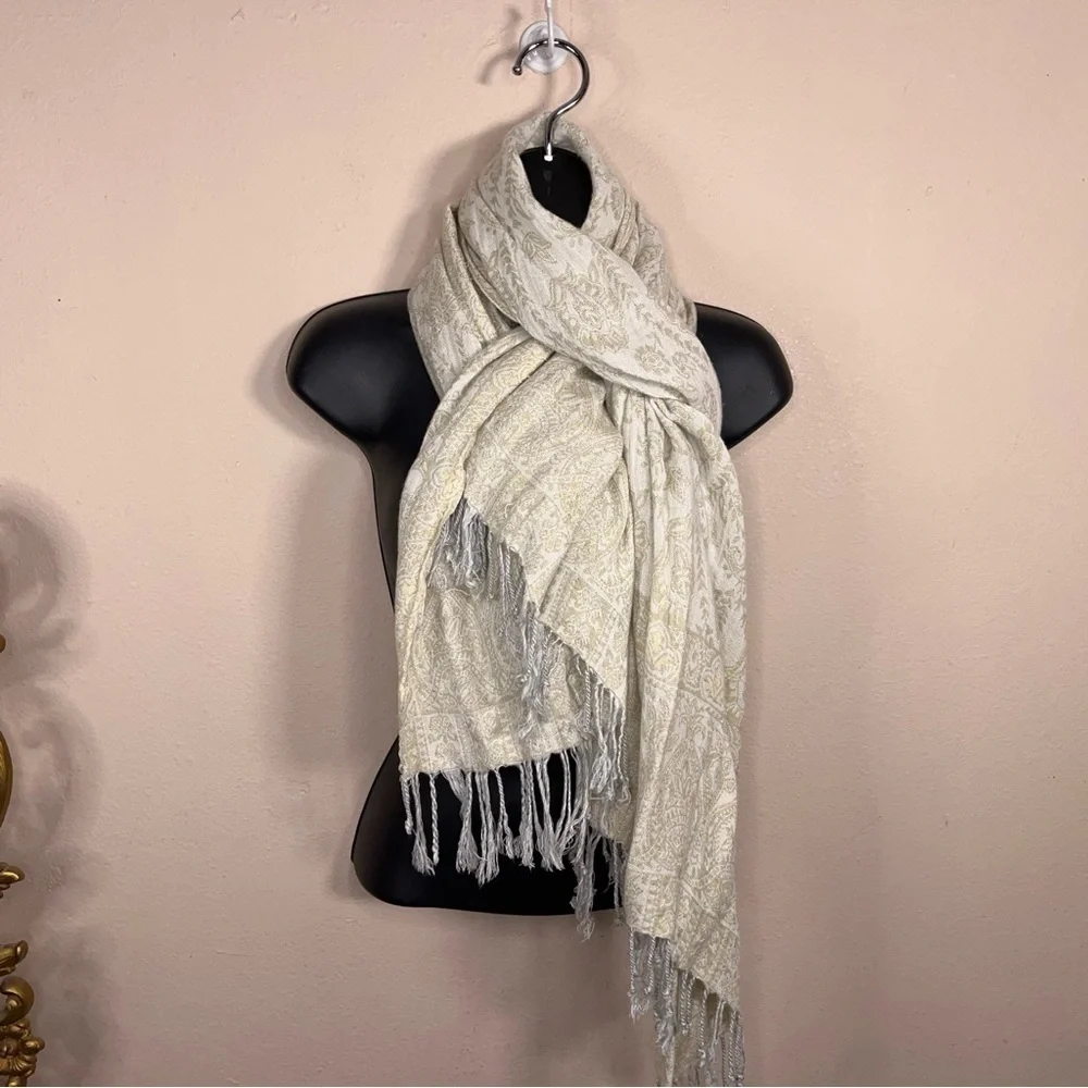 Ivory Cream Scarf Paisley Floral Fringe Accent Wrap Made In India Boho Bohemian